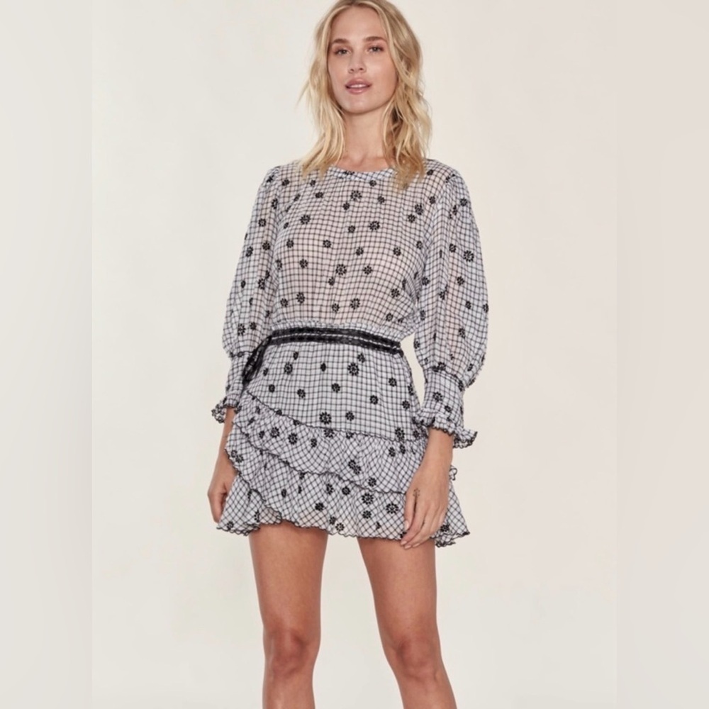 Love Shack Fancy Lorelei Dress Women Charcoal Mini Dress Ruffle Long Sleeve S